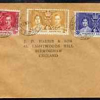 Northern Rhodesia 1937 KG6 Coronation set of 3 on cover with first day cancel addressed to the forger, J D Harris.,Harris was imprisoned for 9 months after Robson Lowe exposed him for applying forged first day cancels to Coronatio……Details Below