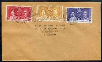Northern Rhodesia 1937 KG6 Coronation set of 3 on cover with first day cancel addressed to the forger, J D Harris.,Harris was imprisoned for 9 months after Robson Lowe exposed him for applying forged first day cancels to Coronatio……Details Below