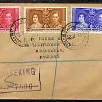 Bechuanaland 1937 KG6 Coronation set of 3 on reg cover with first day cancel addressed to the forger, J D Harris.,Harris was imprisoned for 9 months after Robson Lowe exposed him for applying forged first day cancels to Coronation……Details Below