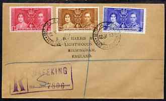 Bechuanaland 1937 KG6 Coronation set of 3 on reg cover with first day cancel addressed to the forger, J D Harris.,Harris was imprisoned for 9 months after Robson Lowe exposed him for applying forged first day cancels to Coronation……Details Below