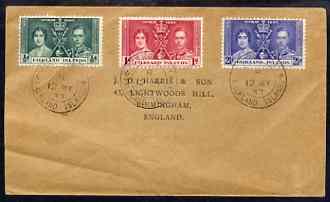 Falkland Islands 1937 KG6 Coronation set of 3 on reg cover with first day cancel addressed to the forger, J D Harris.,Harris was imprisoned for 9 months after Robson Lowe exposed him for applying forged first day cancels to Corona……Details Below