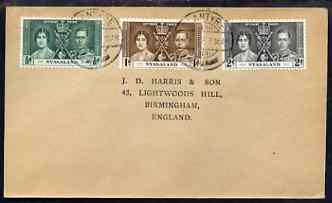 Nyasaland 1937 KG6 Coronation set of 3 on cover with first day cancel addressed to the forger, J D Harris.,Harris was imprisoned for 9 months after Robson Lowe exposed him for applying forged first day cancels to Coronation covers……Details Below