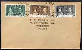 Nyasaland 1937 KG6 Coronation set of 3 on cover with first day cancel addressed to the forger, J D Harris.,Harris was imprisoned for 9 months after Robson Lowe exposed him for applying forged first day cancels to Coronation covers……Details Below