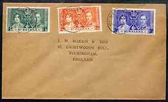 St Helena 1937 KG6 Coronation set of 3 on cover with first day cancel addressed to the forger, J D Harris.,Harris was imprisoned for 9 months after Robson Lowe exposed him for applying forged first day cancels to Coronation covers……Details Below