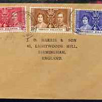 British Virgin Islands 1937 KG6 Coronation set of 3 on cover with first day cancel addressed to the forger, J D Harris.,Harris was imprisoned for 9 months after Robson Lowe exposed him for applying forged first day cancels to Coro……Details Below