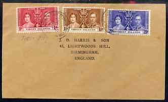 British Virgin Islands 1937 KG6 Coronation set of 3 on cover with first day cancel addressed to the forger, J D Harris.,Harris was imprisoned for 9 months after Robson Lowe exposed him for applying forged first day cancels to Coro……Details Below