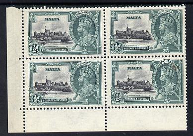 Malta 1935 KG5 Silver Jubilee 1/2d unmounted mint corner block of 4, one stamp with 'extra flagstaff' variety officially but incompletely erased (see note after SG 213)