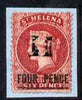 St Helena 1864-73 QV Crown CC P12.5 4d carmine (thin bar) used with 'H' cancel SG13