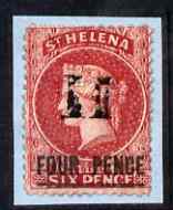 St Helena 1864-73 QV Crown CC P12.5 4d carmine (thin bar) used with 'H' cancel SG13