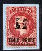 St Helena 1864-73 QV Crown CC P12.5 4d carmine (thin bar) used with 'H' cancel SG13