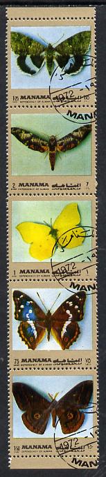 Manama 1972 Butterflies se-tenant strip of 5 (gold border) cto used
