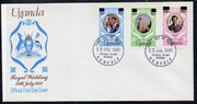 Uganda 1981 Royal Wedding set of 3 (type A surcharges) on illustrated cover with first day cancel, SG 341-43