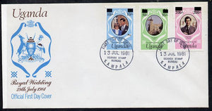 Uganda 1981 Royal Wedding set of 3 (type A surcharges) on illustrated cover with first day cancel, SG 341-43