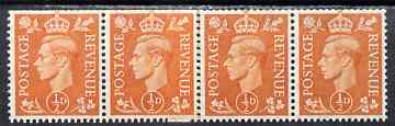 Great Britain 1950-52 KG6 1/2d pale orange horiz strip of 4 with coil join, 3 stamps unmounted mint, SG spec Q3j