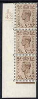 Great Britain 1937-47 KG6 5d brown vert corner strip of 3 with cyl 3 dot with control L42bar, one stamp mounted