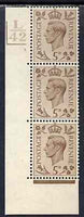 Great Britain 1937-47 KG6 5d brown vert corner strip of 3 with cyl 3 dot with control L42barsL, one stamp mounted