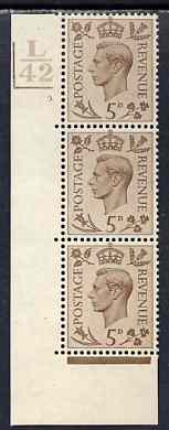 Great Britain 1937-47 KG6 5d brown vert corner strip of 3 with cyl 3 dot with control L42barsL, one stamp mounted