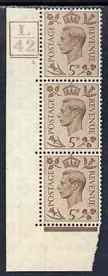 Great Britain 1937-47 KG6 5d brown vert corner strip of 3 with cyl 3 dot with control L42box & bar, one stamp mounted