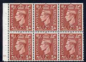 Great Britain 1950-52 KG6 2d pale red-brown booklet pane of 6 with cyl No H41 dot mounted mint SG spec QB31