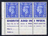 Great Britain 1950-52 KG6 1d light ultramarine booklet pane of 6 (3 stamps plus Shorthand in one week) with inverted watermark mounted mint good perfs SG spec QB20a