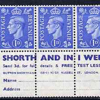 Great Britain 1950-52 KG6 1d light ultramarine booklet pane of 6 (3 stamps plus Shorthand in one week) with inverted watermark mounted mint good perfs SG spec QB20a