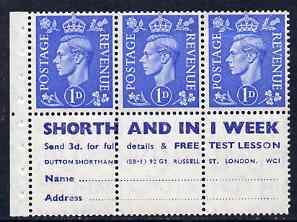 Great Britain 1950-52 KG6 1d light ultramarine booklet pane of 6 (3 stamps plus Shorthand in one week) with inverted watermark mounted mint good perfs SG spec QB20a