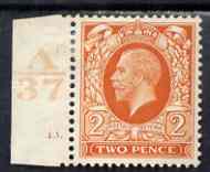 Great Britain 1934 KG5 Photogravure 2d orange marginal single (mtd) and marginal block of 6 (4 stamps unmounted mint) each with cyl 13 dot with retouched leaves states 1 & 2