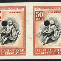 Uruguay 1952 Death Centenary of General Artigas 50c (Artigas in Paraguay) imperf proof pair in issued colours with security punch holes & minor wrinkles (ex Waterlow archives) As SG 1019