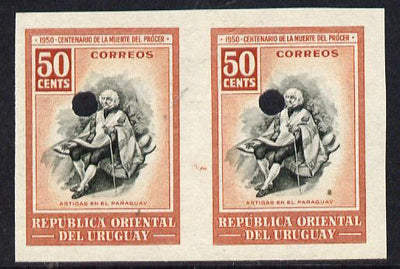 Uruguay 1952 Death Centenary of General Artigas 50c (Artigas in Paraguay) imperf proof pair in issued colours with security punch holes & minor wrinkles (ex Waterlow archives) As SG 1019