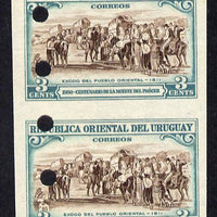 Uruguay 1952 Death Centenary of General Artigas 3c (Emigration) imperf proof pair in issued colours with security punch holes & minor wrinkles (ex Waterlow archives) unmounted mint As SG 1012