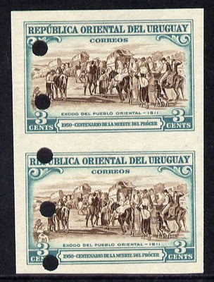 Uruguay 1952 Death Centenary of General Artigas 3c (Emigration) imperf proof pair in issued colours with security punch holes & minor wrinkles (ex Waterlow archives) unmounted mint As SG 1012