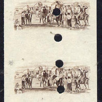 Uruguay 1952 Death Centenary of General Artigas 3c (Emigration) imperf proof pair of vignette only in issued colour with security punch holes slight soiling (ex Waterlow archives) As SG 1012