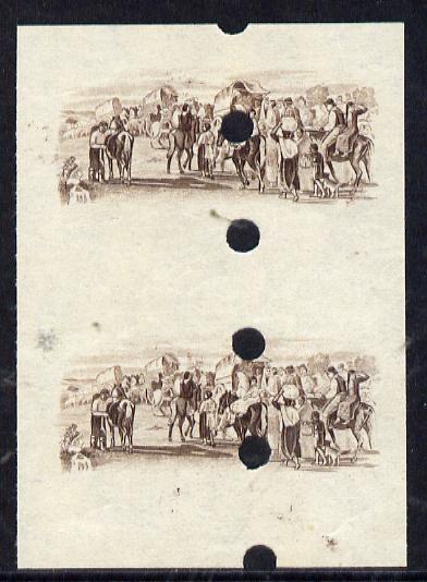 Uruguay 1952 Death Centenary of General Artigas 3c (Emigration) imperf proof pair of vignette only in issued colour with security punch holes slight soiling (ex Waterlow archives) As SG 1012