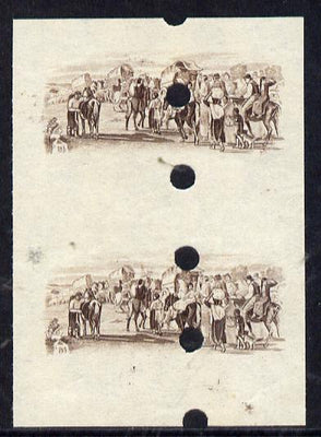 Uruguay 1952 Death Centenary of General Artigas 3c (Emigration) imperf proof pair of vignette only in issued colour with security punch holes slight soiling (ex Waterlow archives) As SG 1012