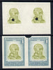 Uruguay 1952 Death Centenary of General Artigas 1p (Bust of Artigas) imperf proof pair in issued colours plus matched proof pair of vignette only, all with security punch holes & slight soiling (ex Waterlow archives) As SG 1020