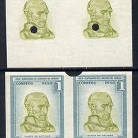Uruguay 1952 Death Centenary of General Artigas 1p (Bust of Artigas) imperf proof pair in issued colours plus matched proof pair of vignette only, all with security punch holes & slight soiling (ex Waterlow archives) As SG 1020