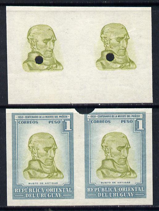 Uruguay 1952 Death Centenary of General Artigas 1p (Bust of Artigas) imperf proof pair in issued colours plus matched proof pair of vignette only, all with security punch holes & slight soiling (ex Waterlow archives) As SG 1020
