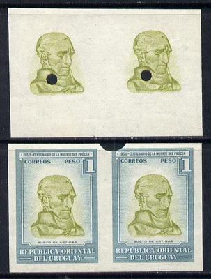 Uruguay 1952 Death Centenary of General Artigas 1p (Bust of Artigas) imperf proof pair in issued colours plus matched proof pair of vignette only, all with security punch holes & slight soiling (ex Waterlow archives) As SG 1020
