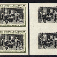 Uruguay 1952 Death Centenary of General Artigas 7c (Artigas dictating Instructions) imperf proof pair in issued colours plus matched proof pair of vignette only, all with security punch holes & slight soiling (ex Waterlow archives) As SG 1014