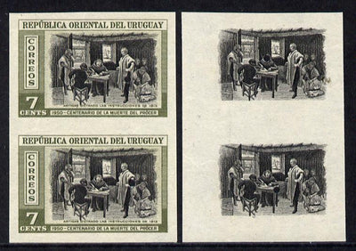 Uruguay 1952 Death Centenary of General Artigas 7c (Artigas dictating Instructions) imperf proof pair in issued colours plus matched proof pair of vignette only, all with security punch holes & slight soiling (ex Waterlow archives) As SG 1014