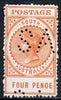 South Australia 1906-12 Thick Postage 4d orange 'A' wmk with 'SA' perfin mounted mint