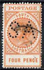 South Australia 1906-12 Thick Postage 4d orange 'A' wmk with 'SA' perfin used