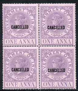 India 1869 QV Revenue 1a opt'd CANCELLED in block of 4 superb unmounted mint, scarce in multiples