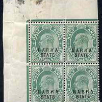 Indian States - Nabha 1903-09 KE7 1/2a green corner block of 4, one stamp with 'broken T in State' variety, wrinkles but unmounted mint SG38