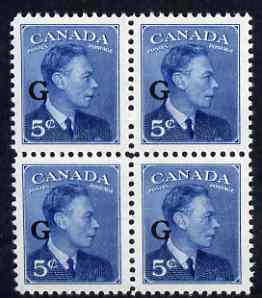 Canada 1950-52 KG6 Official 5c blue opt'd 'G' block of 4 unmounted mint SG O184