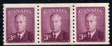 Canada 1950 KG6 coil 3c purple imperf x perf 9.5 strip of 3 mtd mint SG 430