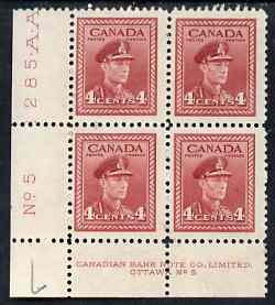 Canada 1942-48 KG6 War effort 4c corner Plate No.5 block of 4, 2 stamps unmounted mint as SG380