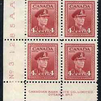 Canada 1942-48 KG6 War effort 4c corner Plate No.3 block of 4, 2 stamps unmounted mint, 2 with paper adhesion, as SG380