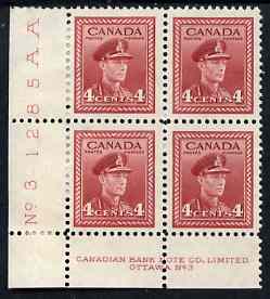Canada 1942-48 KG6 War effort 4c corner Plate No.3 block of 4, 2 stamps unmounted mint, 2 with paper adhesion, as SG380