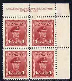 Canada 1942-48 KG6 War effort 4c corner imprint block of 4, 3 stamps unmounted mint as SG380